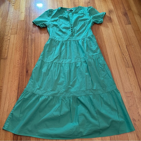 LOFT Green Puff Sleeve Tiered Midi Dress Size 10 Boho Peasant Flowy (j5) - Picture 1 of 14